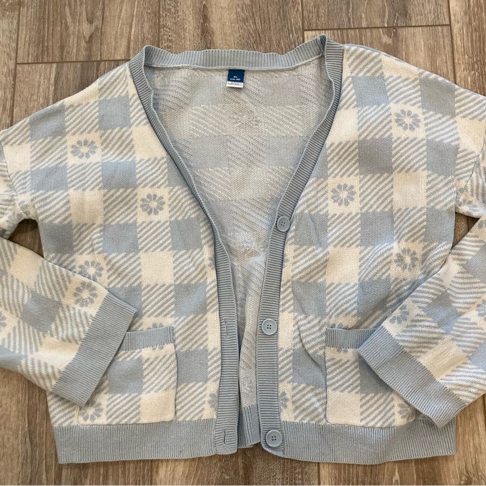 Old Navy Light Blue Plaid Cardigan Sweater with Snowflake Design
